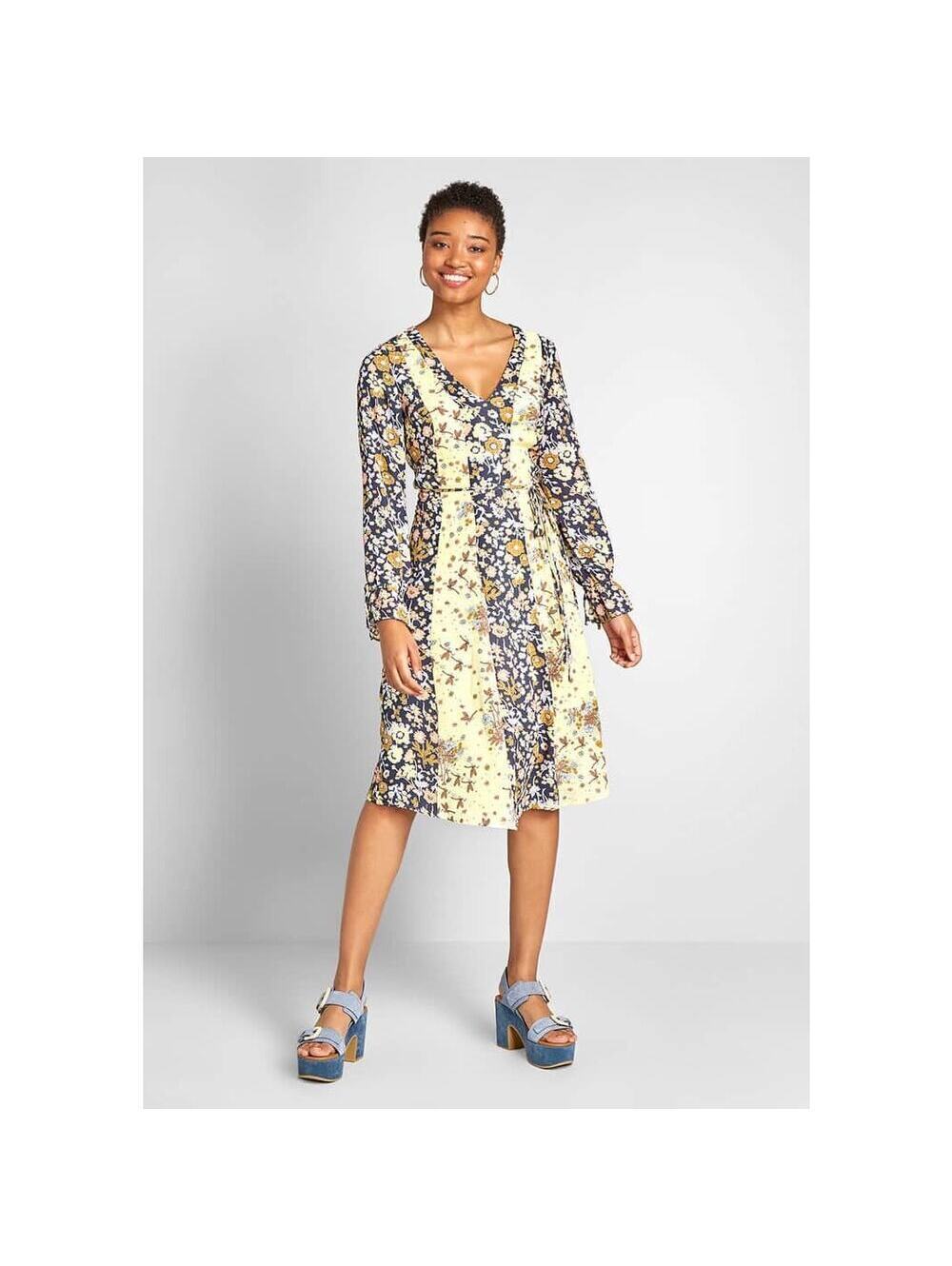 NWT Modcloth Unique Persona Midi Dress Size 8 Yellow Blue Floral A-Line Flowy